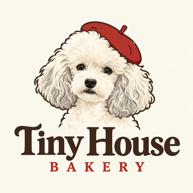Tiny House Bakery logo featuring Remi, a white poodle wearing a red beret